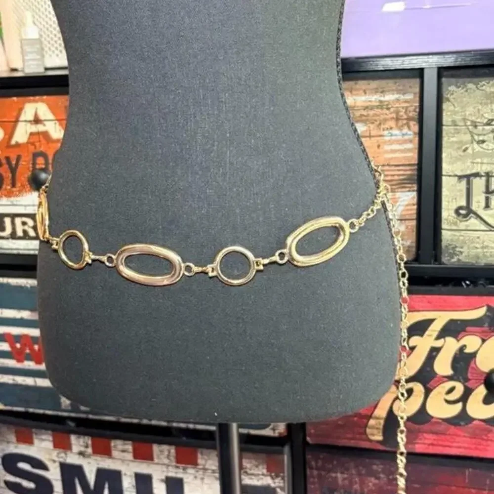 Gold-tone chain belt with oval and circular links y2k minimalist glam boho